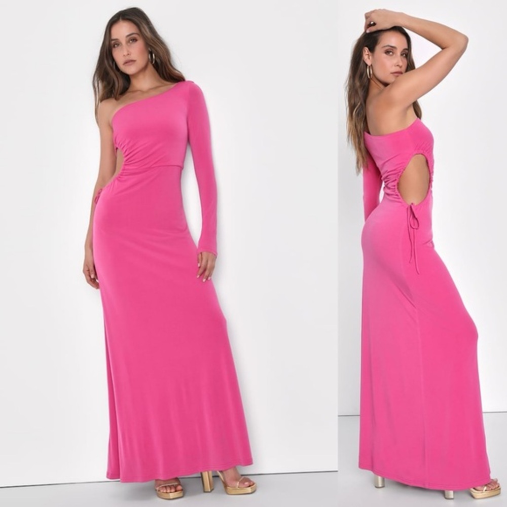Lulus Hot Pink One Shoulder Ruched Cutout Maxi Dress Sold Out Style Resort NWT